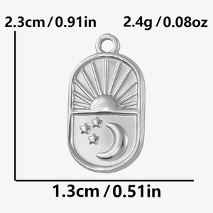 Detailed view of stainless steel celestial oval pendant showing size and weight specs