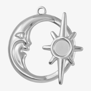 Detailed macro of a 304 stainless steel crescent moon and sun celestial charm pendant