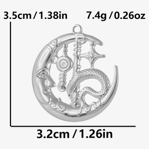 Macro view of 304 stainless steel moon dragon pendant with dimensions and weight stats