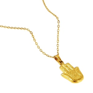 Luxurious gold-plated stainless steel Hamsa Hand pendant necklace on O-chain
