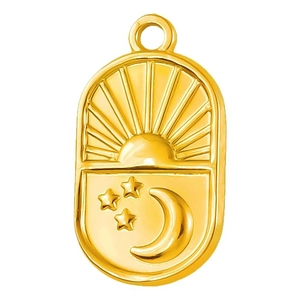 Polished 304 stainless steel gold oval pendant with embossed celestial sun and moon design
