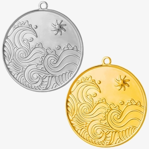 Detail of round stainless steel wave pendants with embossed sun and sea patterns