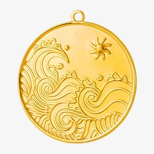 Macro detail of 304 stainless steel gold round pendant with embossed sun and sea waves