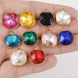 Colorful cushion cut glass stone pendants with 18k gold plating for DIY necklace making