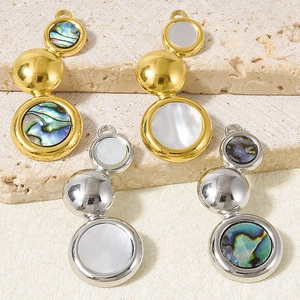 Close-up of geometric pendant with inlaid natural abalone shell and mother of pearl details