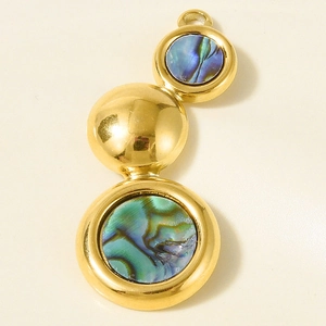Macro view of gold stainless steel pendant with iridescent natural abalone shell inlay