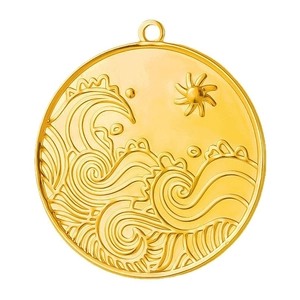 304 stainless steel gold circular pendant with embossed ocean wave and sun patterns
