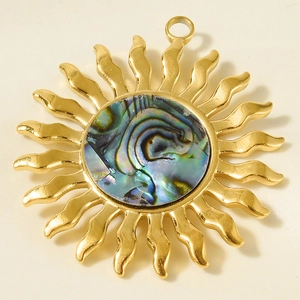Vue macro du pendentif soleil doré avec centre en nacre d'abalone naturelle irisée