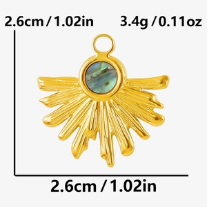Détail du pendentif soleil en acier avec nacre abalone, taille 2,6 cm et poids de 3,4 g