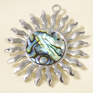 Vue macro du pendentif soleil en acier inoxydable 304 avec incrustation d'abalone