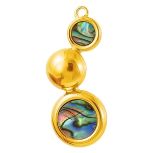 Vertical gold plated stainless steel pendant with iridescent abalone shell circular discs