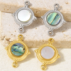 Close-up of double-loop 304 stainless steel pendants with natural abalone shell inlays