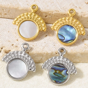 Detailed view of 304 stainless steel pendants with natural shell inlays on stone base
