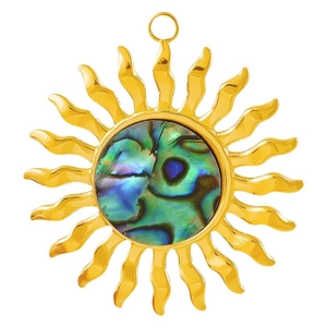 Pendentif soleil en acier inoxydable doré avec incrustation de nacre d'abalone naturelle