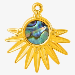 Vue macro du pendentif soleil en acier inoxydable 304 avec incrustation d'abalone naturelle
