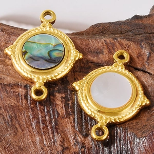 304 stainless steel double ring pendant with natural abalone and white mother of pearl