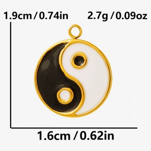 Detailed size specifications for Yin Yang Tai Chi charm in gold plated stainless steel
