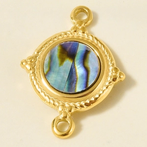 Macro detail of golden 304 stainless steel pendant with iridescent abalone shell inlay