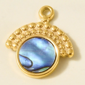 Macro detail of a 304 stainless steel fan-shaped pendant with blue shell inlay