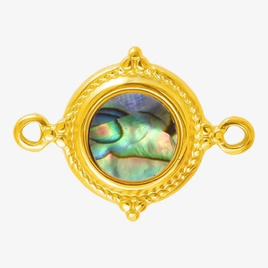 Macro detail of golden 304 stainless steel pendant with iridescent abalone shell inlay