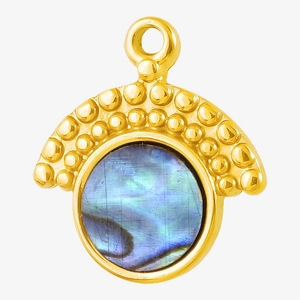 Macro detail of gold-plated 304 stainless steel pendant with natural abalone shell inlay