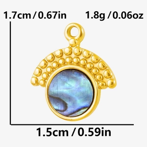 Macro shot of abalone shell pendant with golden bead border and precise measurements