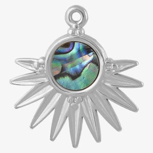 Vue détaillée du pendentif soleil en acier 304 avec une incrustation de nacre d'abalone
