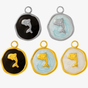Lot de 5 pendentifs dauphins en acier inoxydable 304 avec émail et plaqué or