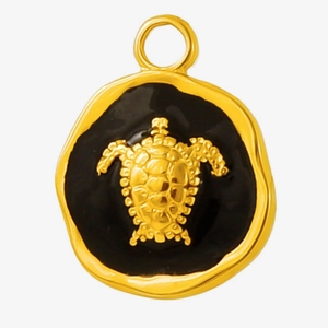 Detail of 304 stainless steel turtle pendant with black enamel inlay and golden relief