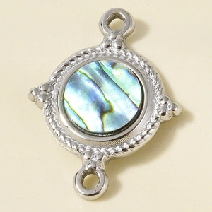 Detailed macro view of 304 stainless steel round charm with natural abalone shell inlay