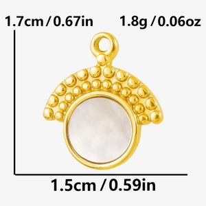 Detail view of gold shell pendant with white mother of pearl and size measurements