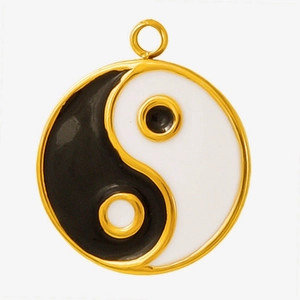 Detail of 304 stainless steel Yin Yang charm with gold edges and enamel finish
