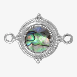 Macro detail of round 304 stainless steel pendant with iridescent abalone shell inlay