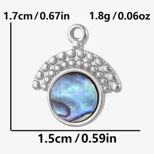 Macro shot showing dimensions 1.7x1.5cm of shell pendant in 304 stainless steel