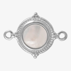 Detailed macro view of silver 304 stainless steel pendant with white mother of pearl inlay