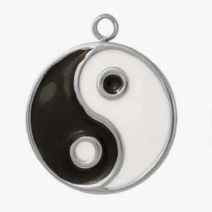 Macro shot of 304 stainless steel Tai Chi Yin Yang pendant with black and white enamel detail
