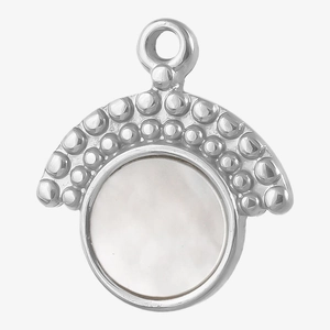 Macro detail of round 304 stainless steel pendant with white mother of pearl inlay