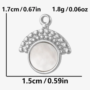 Detailed dimensions of the round stainless steel shell pendant with 1.7cm height and 1.5cm width