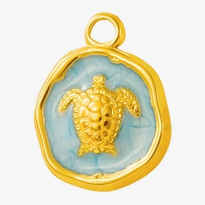 Detailed close-up of 304 stainless steel turtle pendant with blue enamel and gold finish