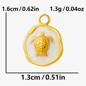 Detailed view of turtle pendant with measurements in height, width and weight