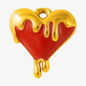 Detail showing red enamel heart pendant with golden lava drip effect for DIY jewelry