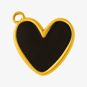 Detail of a 304 stainless steel heart pendant with black enamel finish and gold edges