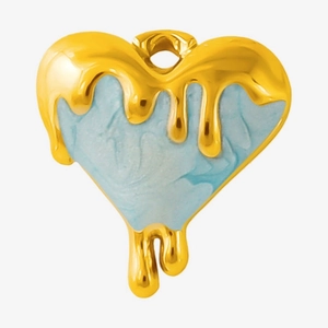Macro detail of heart-shaped pendant with liquid gold finish and light blue enamel marble