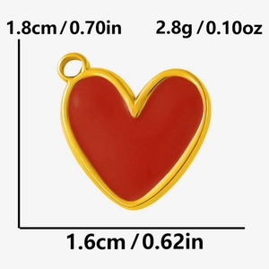 Detail view of a 1.8cm red enamel heart pendant with golden stainless steel frame