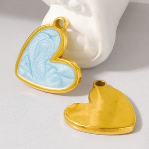 Blue marble enamel heart pendant in 304 stainless steel with gold finish for DIY jewelry