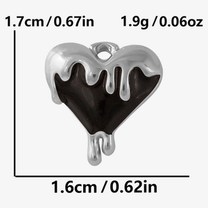 Detailed view of melting heart pendant dimensions in stainless steel and black enamel
