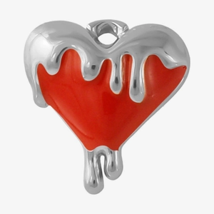 Macro shot of 304 stainless steel red enamel heart pendant with a unique molten metal design
