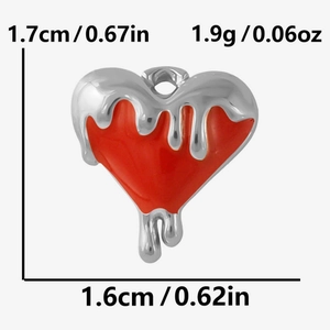 Detailed size specifications for red enamel molten heart pendant in 304 stainless steel