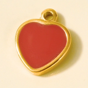 Detail of a 304 stainless steel heart pendant with red enamel and golden border for DIY