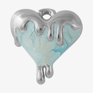 Macro view of blue marble heart pendant with silver lava textured drip design